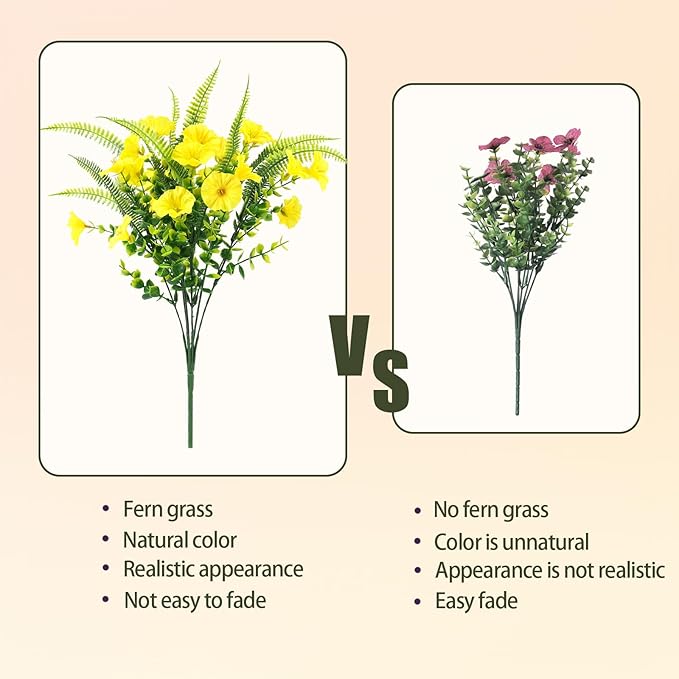 Artificial Flowers for Outdoors 12 Bundles Yellow Artificial Petunias Fake Flowers UV Resistant Shrubs Plants with Fern for Indoor Outside Hanging Planters Home Garden Spring Decorations