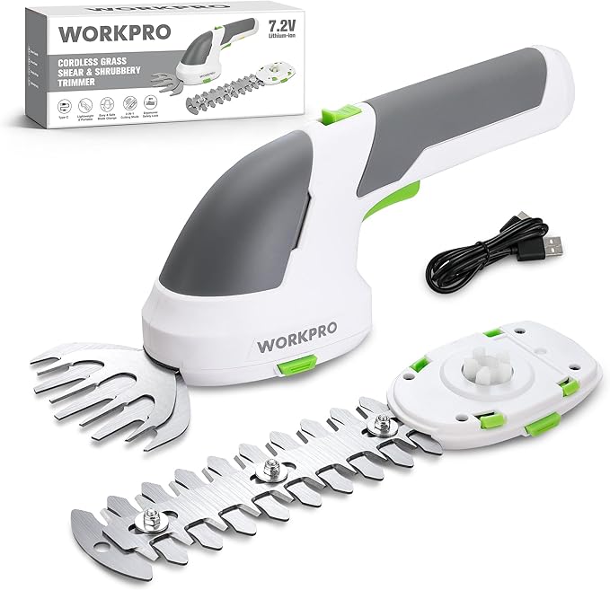 WORKPRO Cordless Grass Shear & Shrubbery Trimmer - 2 in 1 Handheld Hedge Trimmer 7.2V Electric Grass Trimmer Hedge Shears/Grass Cutter Rechargeable Lithium-Ion Battery and Type-C Cable Included