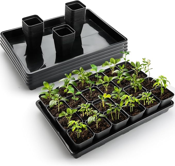 RooTrimmer 2.8 inch (7CM) Square Nursery Pots 120pcs with 5 Pack Seed Starter Trays, Durable Plastic Flat Seedling Tray (17"x11"x2") for Carrying and Holding Plant Nursery Pot (Black)