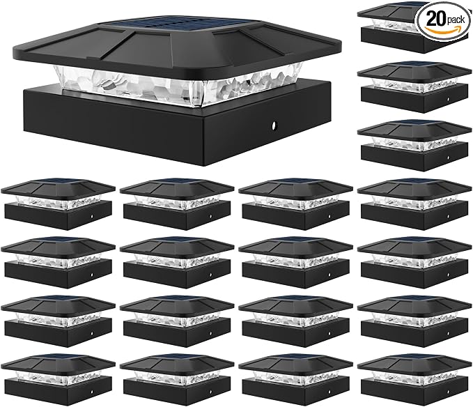 Peasur 20 Packs 4x4 Post Solar Lights 3 Lighting Modes, Black Solar Powered Cap Lights Fits 4×4/3.5×3.5 Wood/Vinyl Posts, Waterproof Post Top Light Outdoor for Fence Deck Mailbox Porch Railing