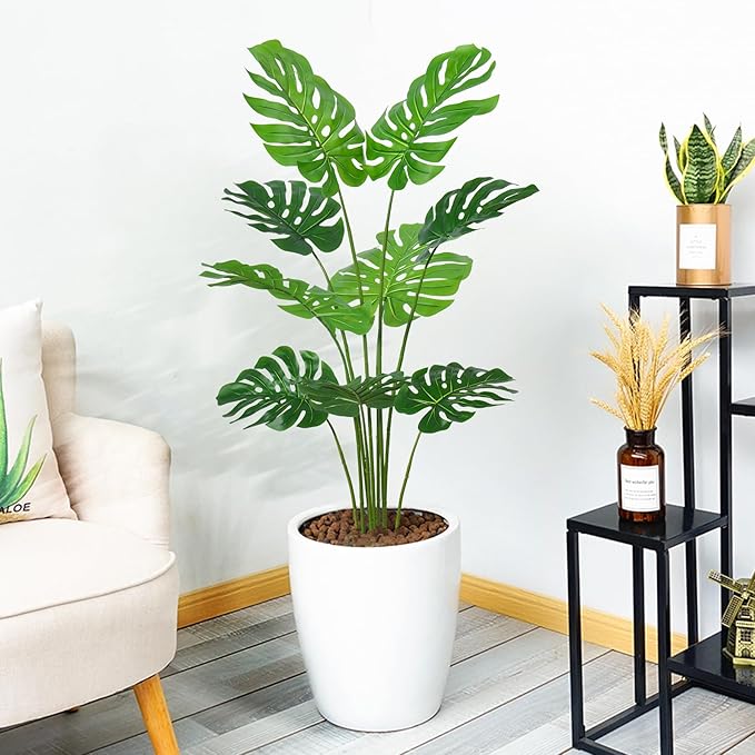 4FT Artificial Tree, Large Fake Monstera Deliciosa Plants with Real Touch Leaves,Faux Tropical Palm Trees for Home Room Decor Indoor Outdoor(1Pack)