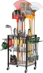 T1 Garden Tool Organizer（With Lockable Wheels）Heavy Duty Garage Tool Storage for Yard，Shed，Outdoor and Lawn，Freestanding Tool Organizers and Storage UP to 50 Tools，Black with Anti-Tip Device