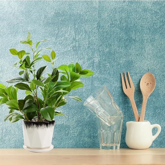 16 inch Fake Plants Indoor Realistic Thick Evergreen Leaf Artificial Plant with Black and White Creamic Pot for Farmhouse Home Room Bedroom Kitchen Office Desk Decor