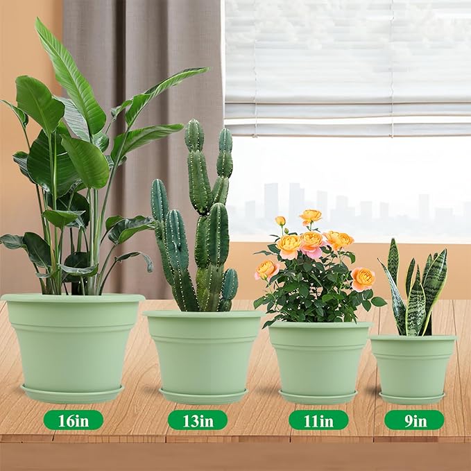 Pottiffe 16 inch Plastic-Flower-Pot-for-Indoor-Plants, 4 Pack Large Outdoor Planter Pot with Drainage Holes & Saucers, Resin Decorative Garden Pots Planters