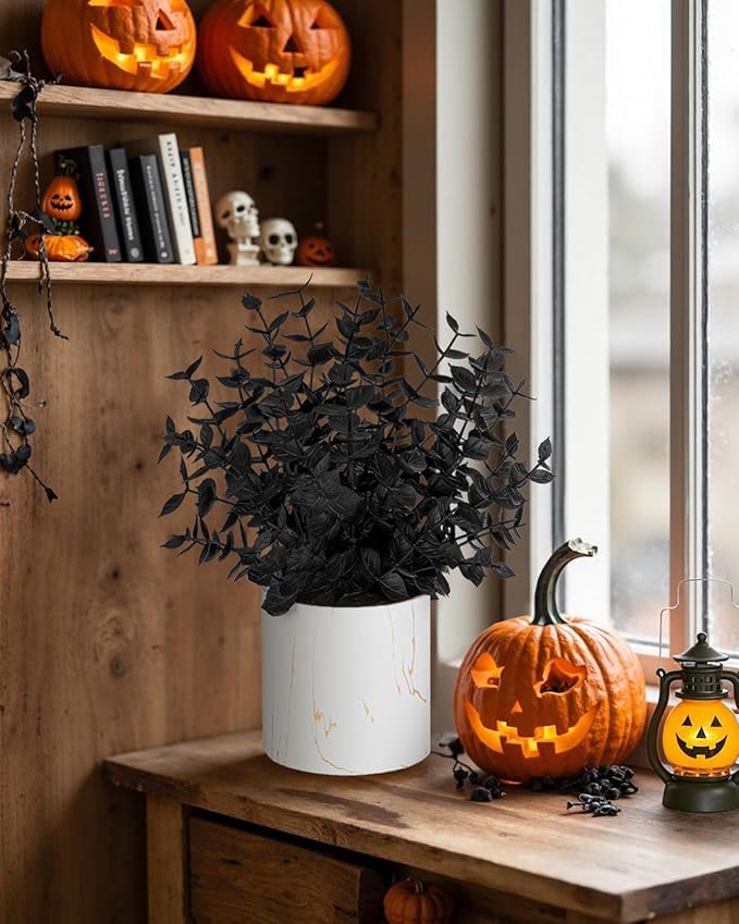 Taybonds 2 Pack Black Fake Eucalyptus Plants Potted, Small Artificial Plants in Marble Ceramic Pots, Black Christmas Decor for Shelf Desk Office Bathroom, Gothic & Minimalist Winter Home Decoration