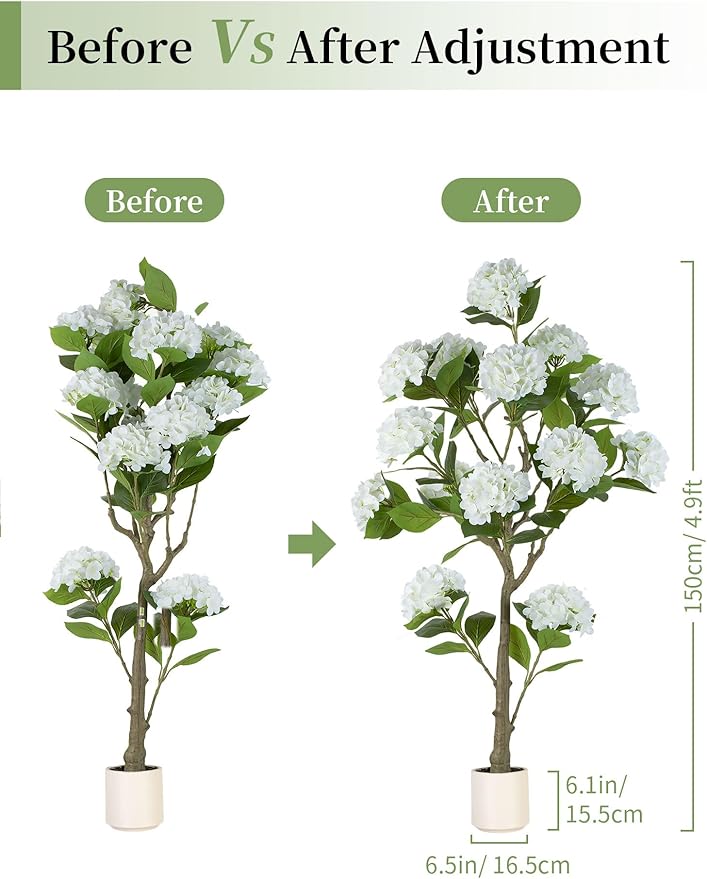BLOSMON White Hydrangea Artificial Trees: 5ft Real Touch Faux Hydrangeas Flower Tree with Pot for Front Porch Planters Decoration Outdoor - Fake Silk Floral Plant for Home Patio Entrance Decor Indoor
