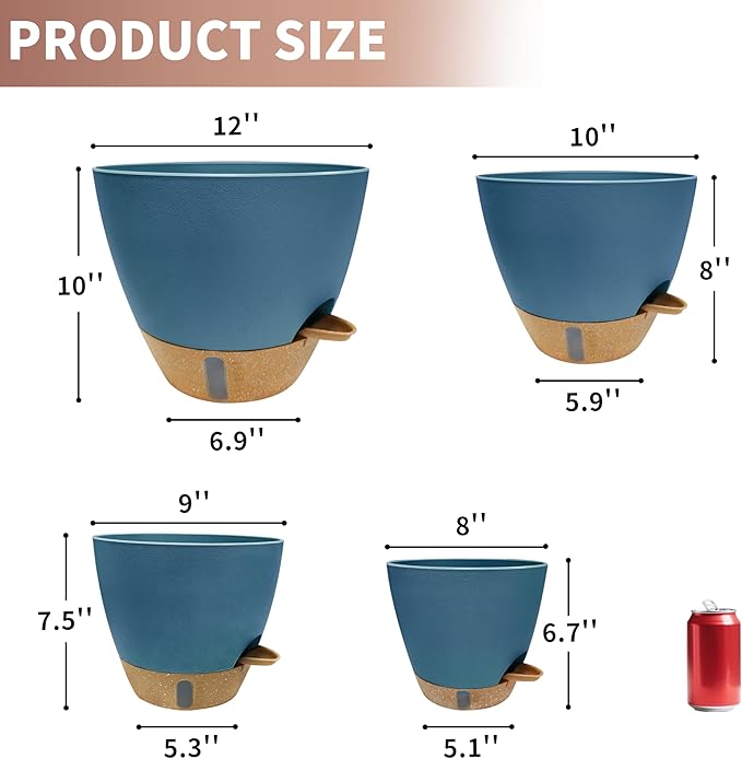 MNKXL 12"/10"/9"/8" Self Watering Pots with Visual Water Window,Extra Large Self Watering Plant Pots with Drainage Holes & Saucers,Blue Planters for Indoor Plants,4-Pack