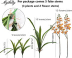 Set of 3pcs Real Touch Artificial Cymbidium Plants with Stems and Roots and 2pcs Orchid Flowers for Pot or Vase, Faux Orchid Stems That Look Real for Indoor Home Office Decor (Grn and YEL)