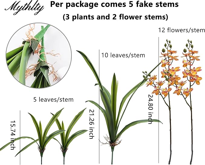 Set of 3pcs Real Touch Artificial Cymbidium Plants with Stems and Roots and 2pcs Orchid Flowers for Pot or Vase, Faux Orchid Stems That Look Real for Indoor Home Office Decor (Grn and YEL)