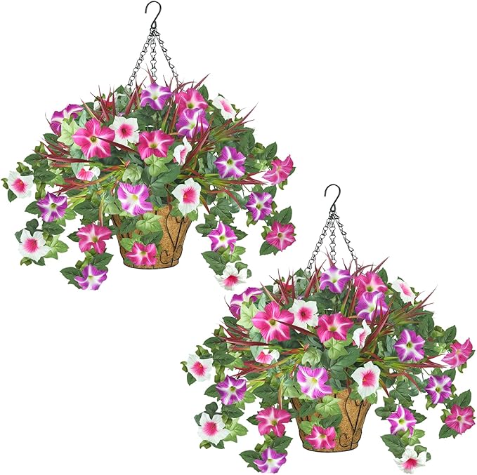 2 Packs Artificial Flowers Hanging Baskets for Outdoors, 10 PCS UV Resistant Faux Outdoor Plants, Fake Petunias Silk Flowers for Garden Balcony Yard Porch Decor (White Red Lotus)