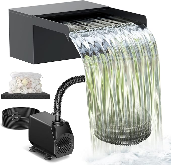 Biling Pond Waterfall Spillway Kit, 8” Waterfall Box with 660 GPH Powerful Pump, Triple Filtration System (Ceramic Rings & Sponge), Complete DIY Water Feature Kit for Garden Ponds, Streams and Patio