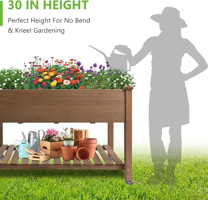 ketive Raised Garden Bed with Legs & Wheels –, Outdoor Elevated Planter Box with Storage Shelf & Hooks for Vegetables, Flowers, and Herbs for Outdoor Gardening, Patio, Balcony,48"x 24"x 33"(Brown)