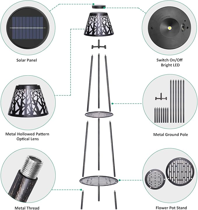 2 Pack Outdoor Solar Floor Lamp with Plant Stand, Waterproof Metal Garden Lights with 2-Tier Shelves, Decorative LED Cordless Patio Lamp for Porch, Deck, Balcony, Yard & Corner Decor (Bronze)