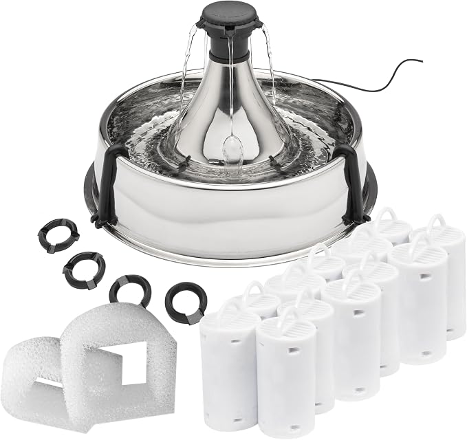 PetSafe Stainless Multi-Pet Fountain with Extra Filters Great for Multiple Pet Households Customizable Stream Options Scratch and Rust Resistant 128 Oz Water Capacity Fresh, Filtered Water