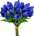 Mandy's Royal Blue Artificial Tulips Flowers Centerpiece, 13.5" Lifelike PU Fake Floral Stems 20pcs for Kitchen Island & Dining Table, Spring Decor for Easter