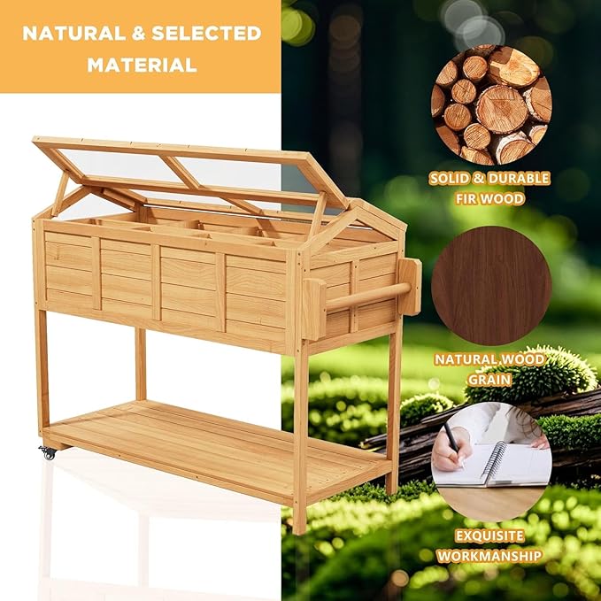 Raised Herb Garden Planter Indoor Outdoor with Wheels for Basil, Parsley, Rosemary, Thyme & Mint , Wooden Seed Starter Grow Box with Cover, Gardening Gifts for Women, Mom, Plant Lovers (Wood)