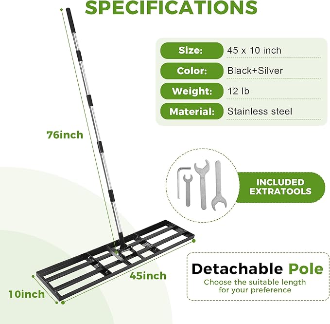 Lawn Leveling Rake, 45"x10" Stainless Steel Lawn Leveler with 76" Adjustable Handle, Heavy-Duty Yard Leveling Rake for Garden, Golf Course, Farm, Pasture, Professional Lawn Care Tool