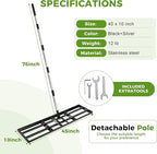 Lawn Leveling Rake, 45"x10" Stainless Steel Lawn Leveler with 76" Adjustable Handle, Heavy-Duty Yard Leveling Rake for Garden, Golf Course, Farm, Pasture, Professional Lawn Care Tool