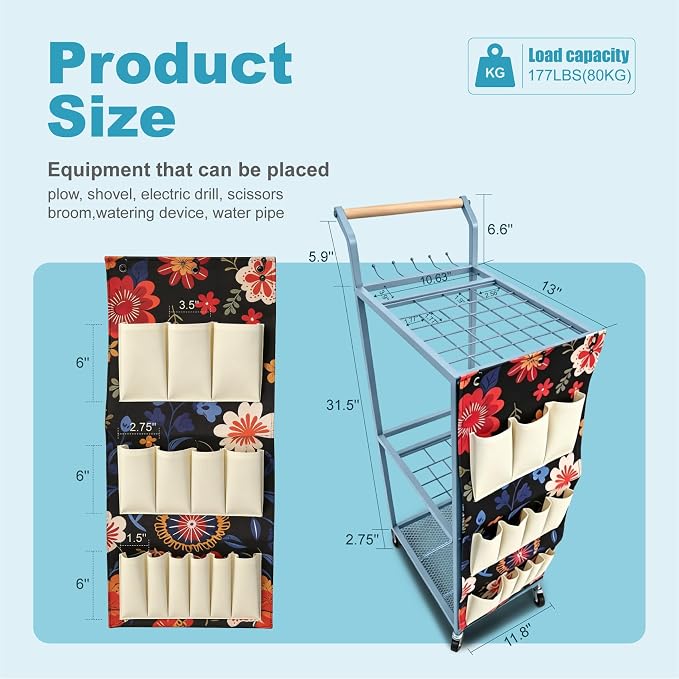 Garden Tool Organizer with Wheels Heavy Duty Yard Tool Organizer Rack with Side Storage Pockets Sturdy Metal Steel Holder with 6 Hooks for Garage, Yard, Patio, Shed