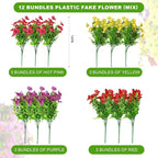 ADXORA 12 Bundles Artificial Flowers,Faux Plants for Spring Summer Decoration, UV Resistant Colorful Violets Eucalyptus for Outside Home Planter Porch Patio Yard Decor