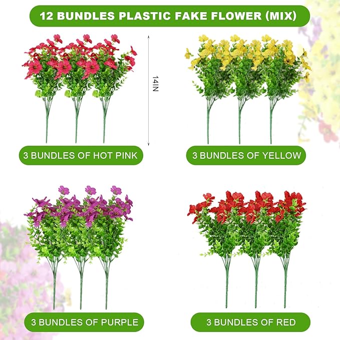 ADXORA 12 Bundles Artificial Flowers,Faux Plants for Spring Summer Decoration, UV Resistant Colorful Violets Eucalyptus for Outside Home Planter Porch Patio Yard Decor