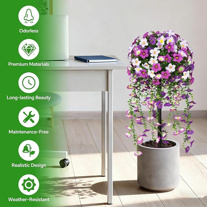 Artificial Morning Glory Topiary Trees Set of 2, Purple Fake Shrubs Bushes with Ground Spike, Faux Evergreen for Porch Plants, UV Resistant Artificial Flowers for Outdoors Indoor Front Garden