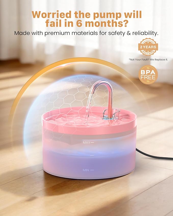 Cat Water Fountain for Cats Indoor: 67oz/2L GIOTOHUN Cat Fountain - Silent Pet Water Fountain for Drinking - Pink Cat Drinking Founttain - Faucet Pet Fountain - Contains 6 Filters + 3 Sponges