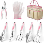 Garden Tools, 8 Piece Gardening Tools with Bag, Heavy Duty Stainless Steel Garden Tools Set, Outdoor Hand Tools, Ideal Garden Tool Kit Gifts for Women Pink.