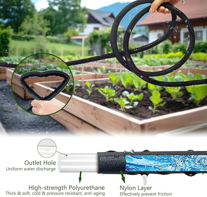 Flat Soaker Hose, Garden Hose with Heavy Duty Double Layer Design, Drip Irrigation Hose Saves 80% Water, Leak Proof Sprinkler Hose for Garden, Lawn, Vegetable plot (100FT)
