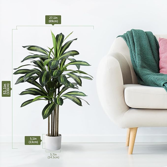 Artificial Dracaena Tree 4FT Fake Plant with White Small Planter Faux Silk Tall Floor Plant in Pot Artificial Tree for Home Office Living Room Decor Indoor