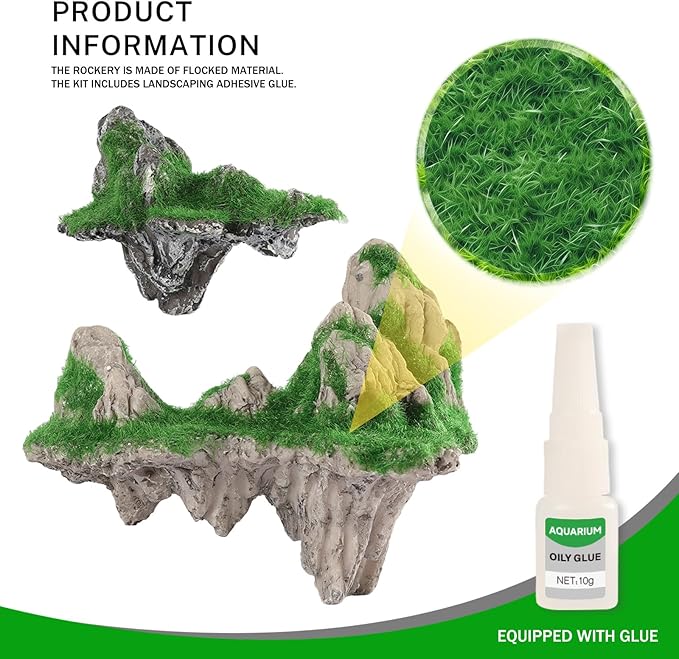 Aquarium Mountain View Stone Ornament, Resin-Coated Rockery with Flocked Cover Like Grass, Artificial Plastic Plants Suitable for Small Fish and Shrimp Play Decorations