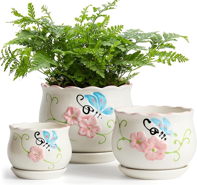Ceramic Plant Pots with Drainage Holes and Saucers, Round Flower Pots for Indoor Plant, 4/5.2/6.6 Inches Flower Large Planters Set of 3