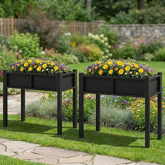 DWVO Raised Garden Bed HDPE with Legs Poly-Wood All-Weather Elevated Planter Box Outdoor with Drainage System Patio Planters for Herbs Vegetables Flowers Plant Bed for Garden Balcony, Black