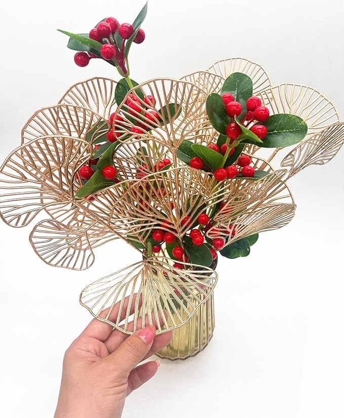 Golden Ginkgo Leaves Stems Christmas Decoration, Artificial Plants Fake Plastic Simulation Apricot Leaf Grass for Wedding Party Indoor Home Office DIY Crafts Flowers Bouquet Xmas Gold Decor - 12 Pack