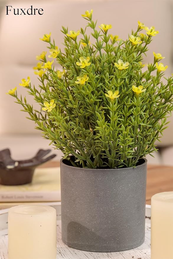 2 Pack Small Desk Plants, Artificial Bathroom Plants Decor with Thyme Flower in Vintage Melamine Pots, Faux Plants Indoor for Shelf Decor in Home Office, and Spring Decor (Yellow)