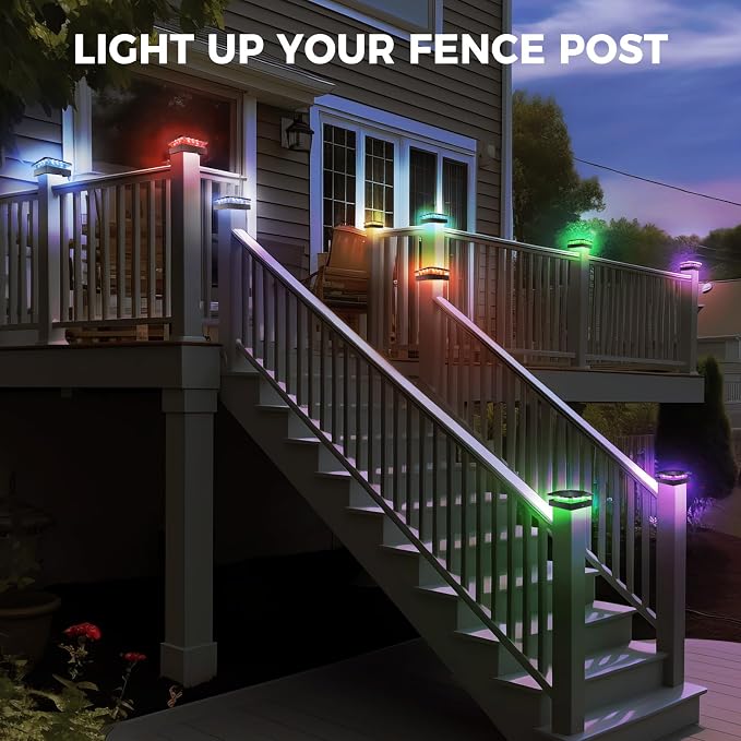 Peasur 4x4 Solar Post Cap Lights RGB Color Changing, 8 Packs LED Deck Fence Light Solar Powered Outdoor Waterproof, Wood/Vinyl Posts Top Lighting for Outside Yard Garden Patio