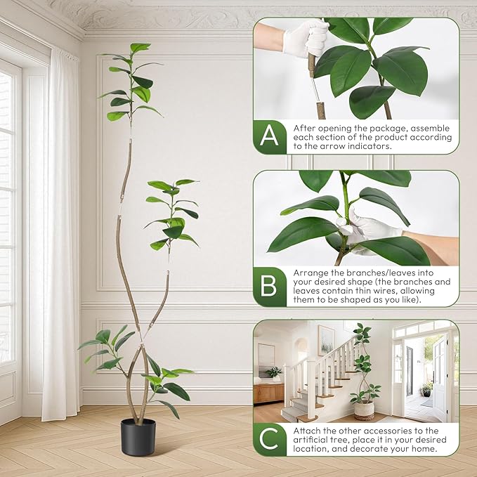 7ft Artificial Rubber Tree, Tall Fake Plants with Black Planters, Artificial Plants Indoor with White Pebbles for Home Decor Office Living Room