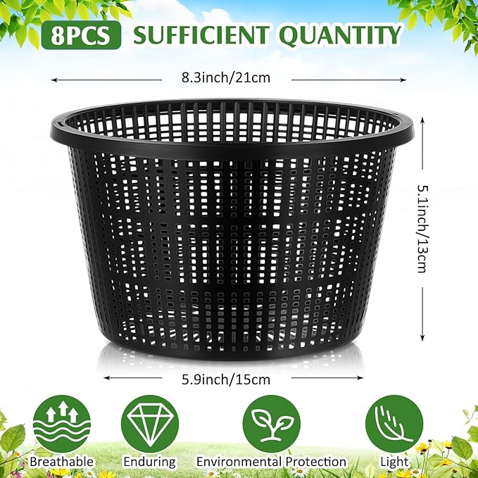 Weysat 8pcs Pond Plant Baskets Hydroponic Baskets 8.3 Inch Round Aquatic Plant Net Pot Large Plastic Net Container Black Mesh Pond Container for Hydroponics Live Aquarium Nursery Grow