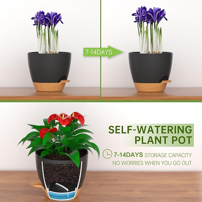 ZMTECH 12Inch 2Pcs Plant Pot Planter for Indoor Plants Self Watering Flower Pots with Drainage Holes and Saucer for Outdoor Plants(Grey with Brown)