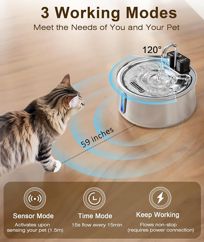 CEESC Cordless Cat Water Fountain Stainless Steel, 4L/135oz Automatic Pet Water Dispenser with Motion Sensor, Multi-Filtration, Ultra Quiet Pump, Long-Lasting 4000mAh Battery for Indoor Cats & Dogs