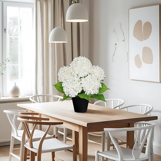 18" Hydrangea Artificial Flowers Plant in Black Plastic Pot, Fake Hydrangeas Plants for Home Office Indoor Outdoor Decor, Realistic Floral Arrangement for Living Room & Porch Decorations, White