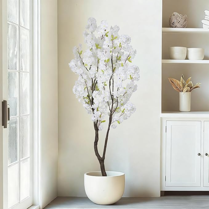 Faux White Cherry Blossom Tree 6.5ft(78in)Tall Artificial Japanese Sakura in Pot Realistic Cherry Plant Decor Handmade Natural Fake White Flower Tree for Christmas,New Year,Wedding,Living Room