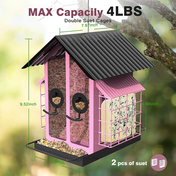 FlowaFoli Bird Feeders for Outdoors, Metal Bird Feeder with Double Suet Cage Weatherproof Metal Roof, 2 in 1 Mixed Seeds Suet Feeder, 4Lbs Large Capacity, Great for Finch、Cardinal、Chickadee（Pink）