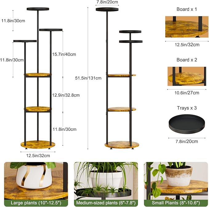 Plant Stand 6 Tier Indoor Metal Plant Shelf for Multiple Plants Corner Tall Flower Holders for Living Room Bedroom Balcony, Black (6 Tier-Black+Rustic Brown)