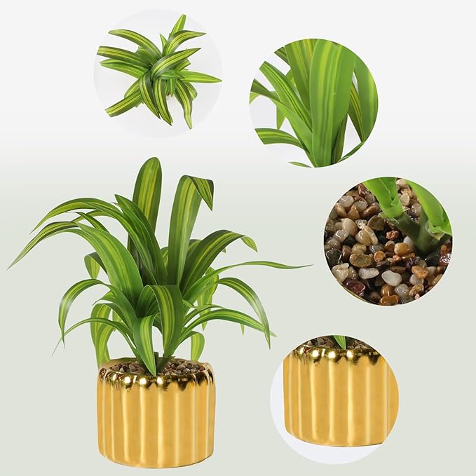 9" Artificial Dracaena Plant with Textured Leaves Golden Ceramic Pot Realistic Faux Greenery Fake Potted Plant Indoor Outdoor Home Decor for Living Room Office Garden Table Centerpiece