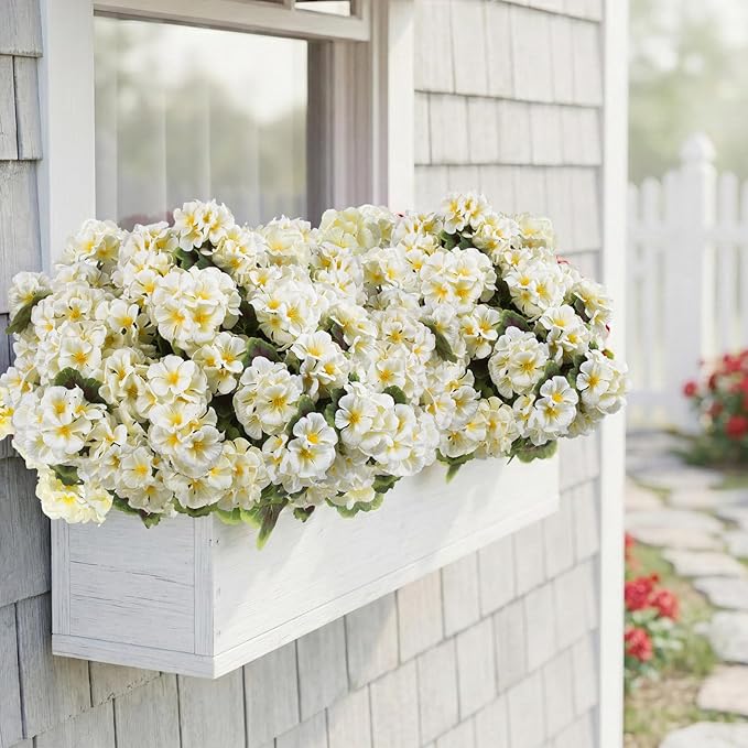 lovemoon 16 Pcs Artificial Geranium Plant with Realistic Silk Flowers and Green Leaves，Faux Geranium Flowers for Indoor Outdoor Home Garden Office Decoration (16, White)