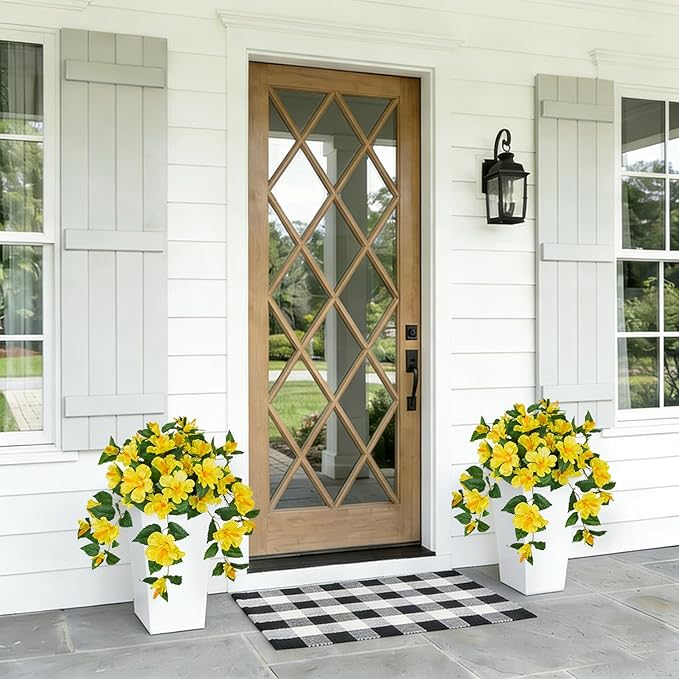 Briful 27.5" Artificial Hibiscus Plant in Tall White Planter, Large Faux Tropical Flower Arrangement for Front Door Porch Patio Balcony Outdoor Indoor Decor, UV Resistant Fake Yellow Hibiscus Tree