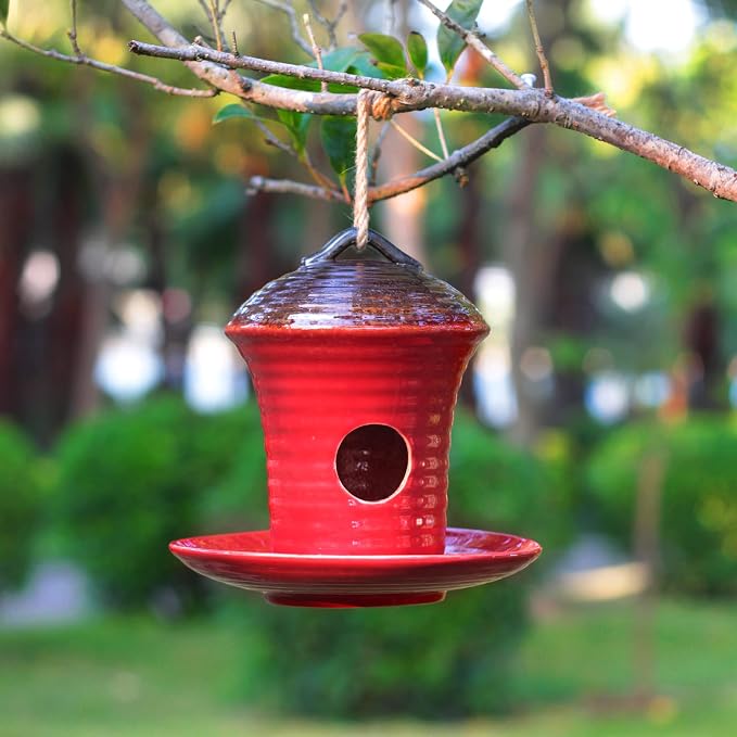 Kimdio Birdhouse Ceramic Hanging Birdhouses Bird Hut Hanging Multi-Function Outdoor Bird Feeders for Wild Birds, Finch, Cardinal, and Bluebird - Red