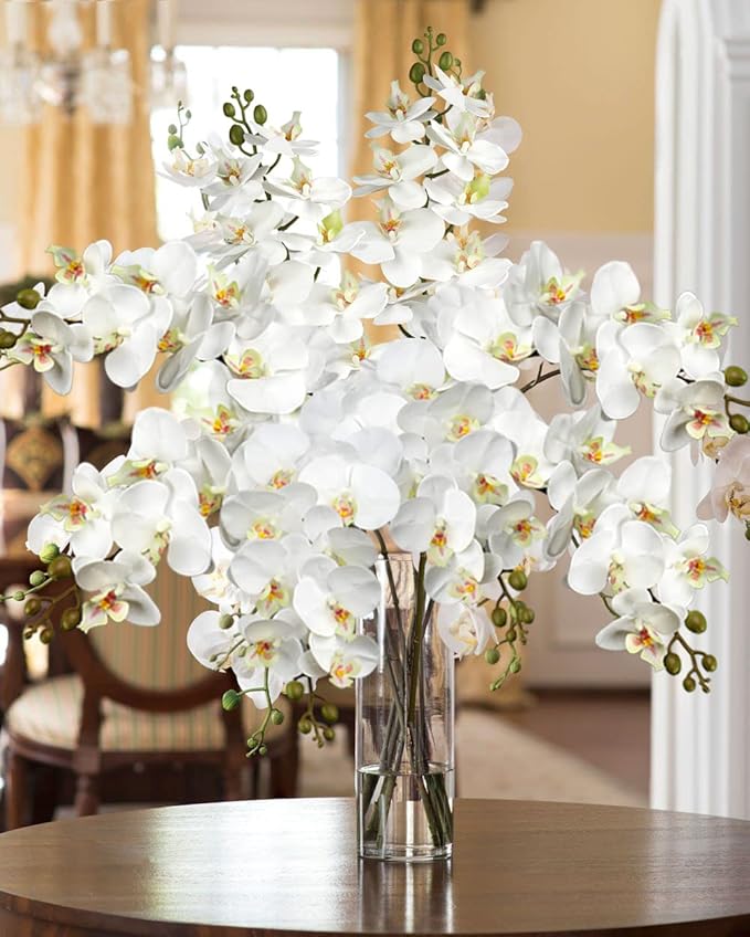 DILATATA Blooming Phalaenopsis Orchid Artificial 31.5" Long Stem with 9 Large Orchids Flowers Artificial Flowers for Decoration Home Arrangement-White Green Orchid 2 Pcs