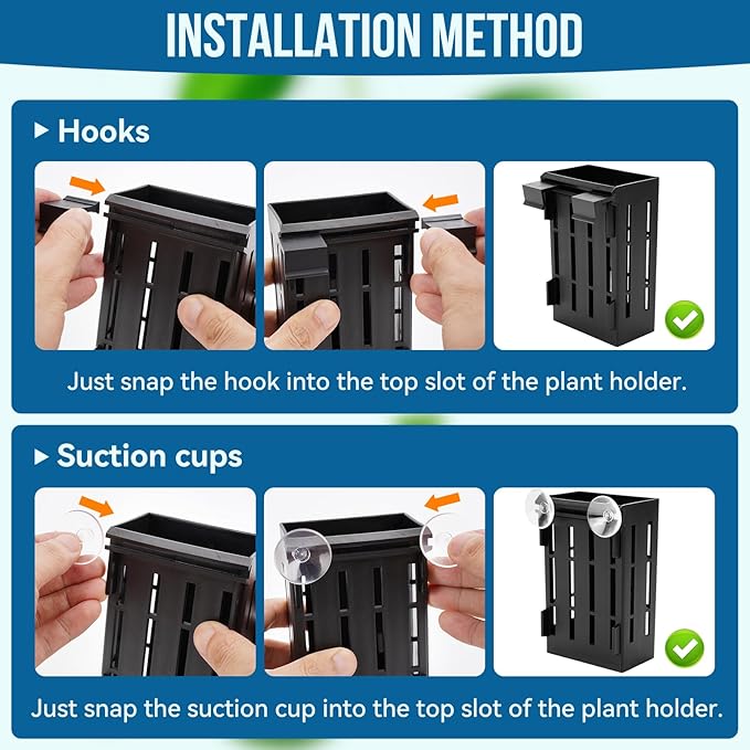 Borlech Upgraded Large Aquarium Plant Holder with Hooks and Suction Cups for Fish Tank Aquaponic Plant Cultivation and Aquascape Decorations (Black)